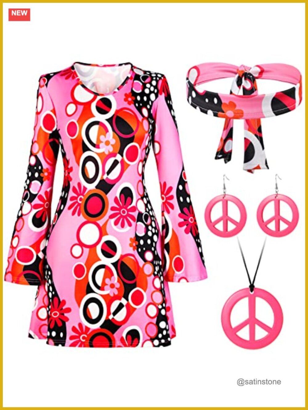 Hippie Costume Set 65% Polyester 35% Cotton Dress Earrings Necklace Headband